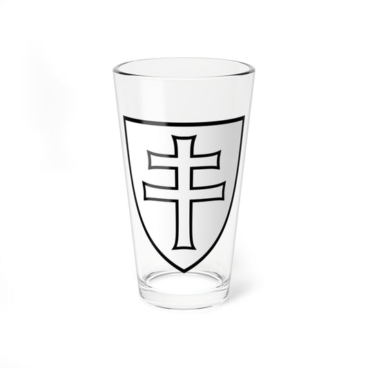 Thin black outline of a heraldic shield enclosing an outlined triple-barred cross on a plain white background.