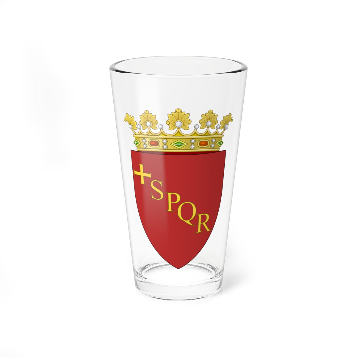 Red shield bearing gold SPQR lettering under a gold crown with pearls and fleurons on a white background.