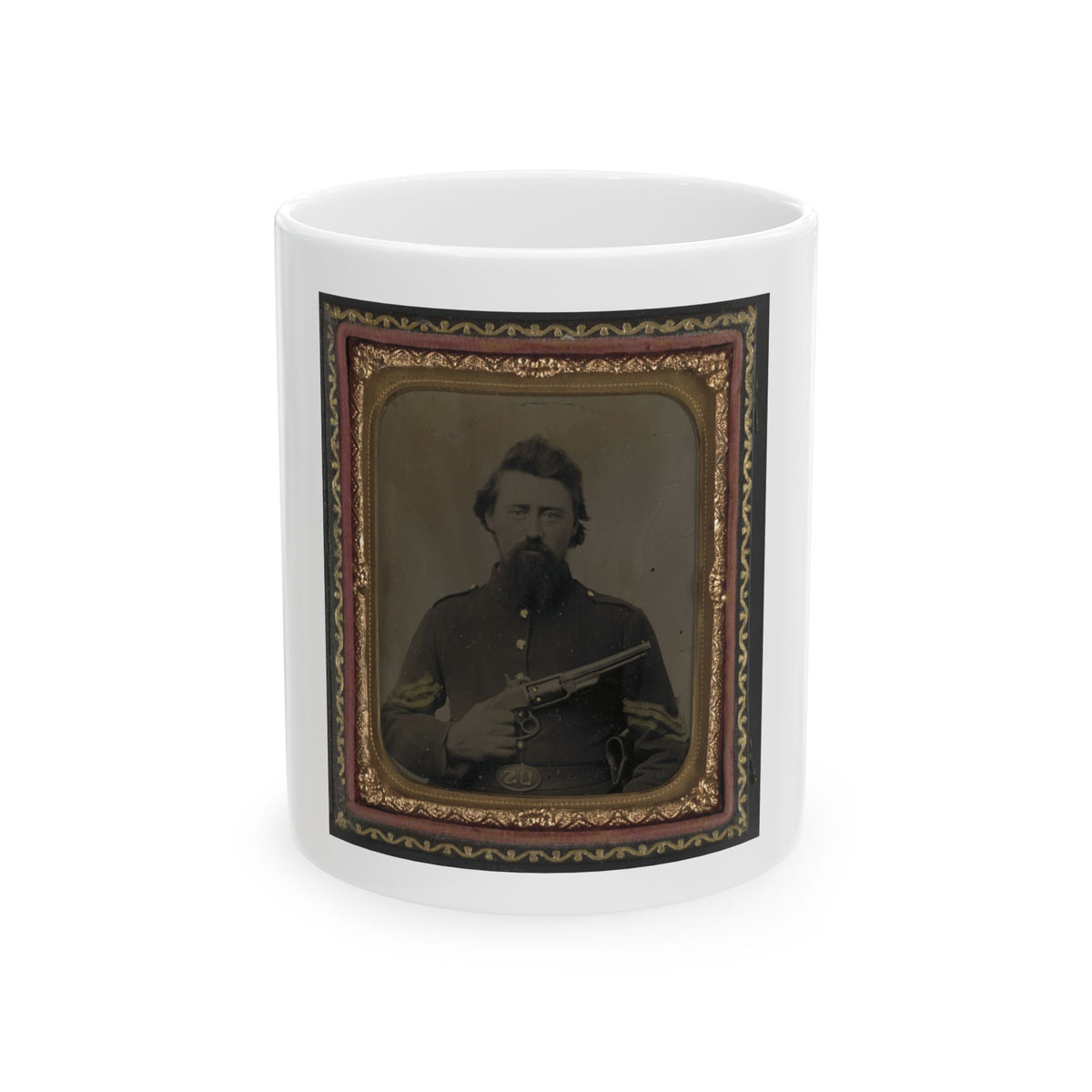 Unidentified Soldier In Union Sergeant's Uniform And U.S. Belt Buckle With Savage Revolver (U.S. Civil War) White Coffee Mug