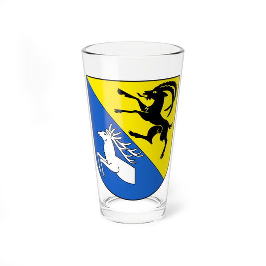 Heater-shaped heraldic shield split diagonally, with a white leaping stag on blue and a black rampant horse on yellow.