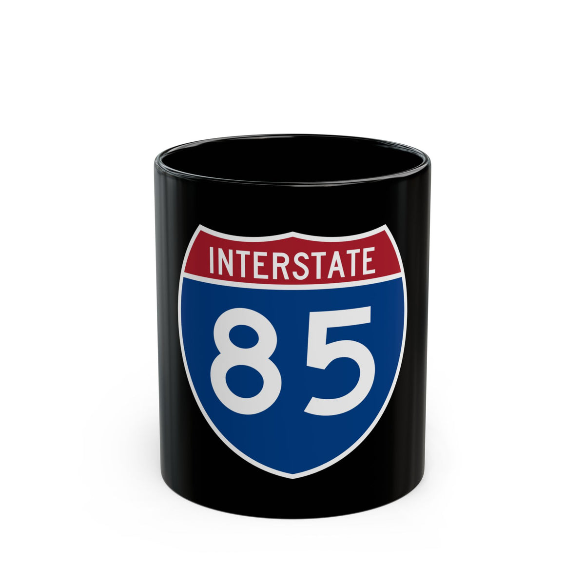 Flat vector US Interstate 85 route shield with a red top band reading INTERSTATE and white numerals 85 on navy.