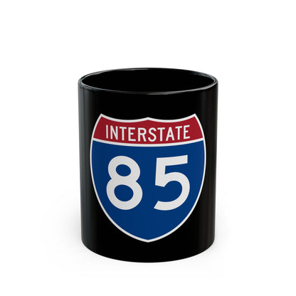Flat vector US Interstate 85 route shield with a red top band reading INTERSTATE and white numerals 85 on navy.