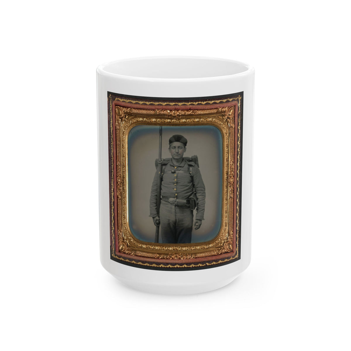 Unidentified Soldier In Ohio Volunteer Militia Uniform With Bedroll And Musket (U.S. Civil War) White Coffee Mug