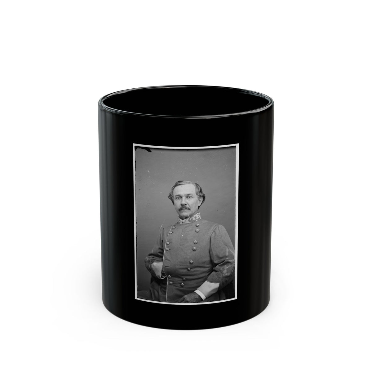 Black and white studio portrait of a mustached man in a grey military coat with star-embroidered collar and braided cuffs.