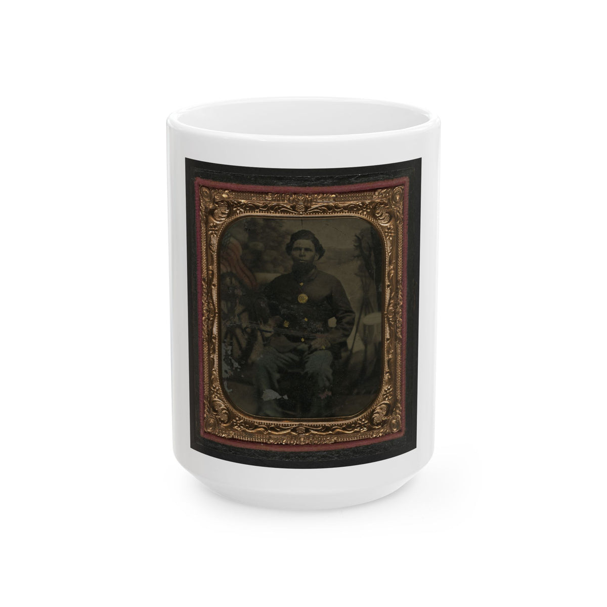 Unidentified African American Soldier In Union Uniform In Front Of Painted Backdrop Showing Military Camp (U.S. Civil War) White Coffee Mug