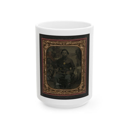 Unidentified African American Soldier In Union Uniform In Front Of Painted Backdrop Showing Military Camp (U.S. Civil War) White Coffee Mug
