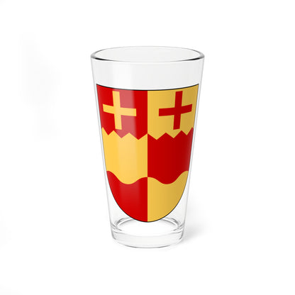 Heraldic shield split vertically red and gold, each half bearing a cross in the opposite colour.