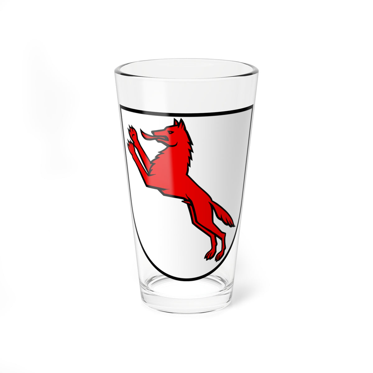 Red rampant wolf climbing upward with raised forepaws on a white heraldic shield with a black outline.