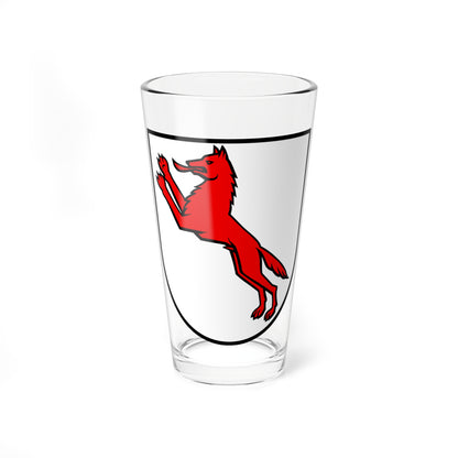 Red rampant wolf climbing upward with raised forepaws on a white heraldic shield with a black outline.