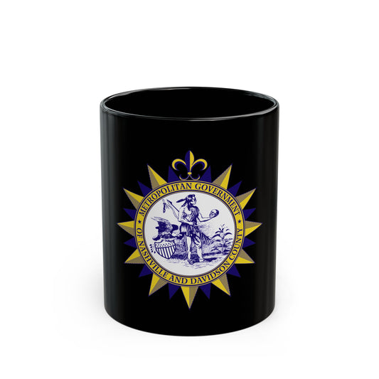 Gold and navy sunburst seal of Nashville, Tennessee, with an engraved standing figure, eagle and shield.
