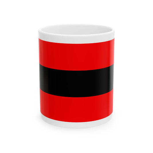Bold red and black horizontal stripes, two red bands framing a wide central band across the design.