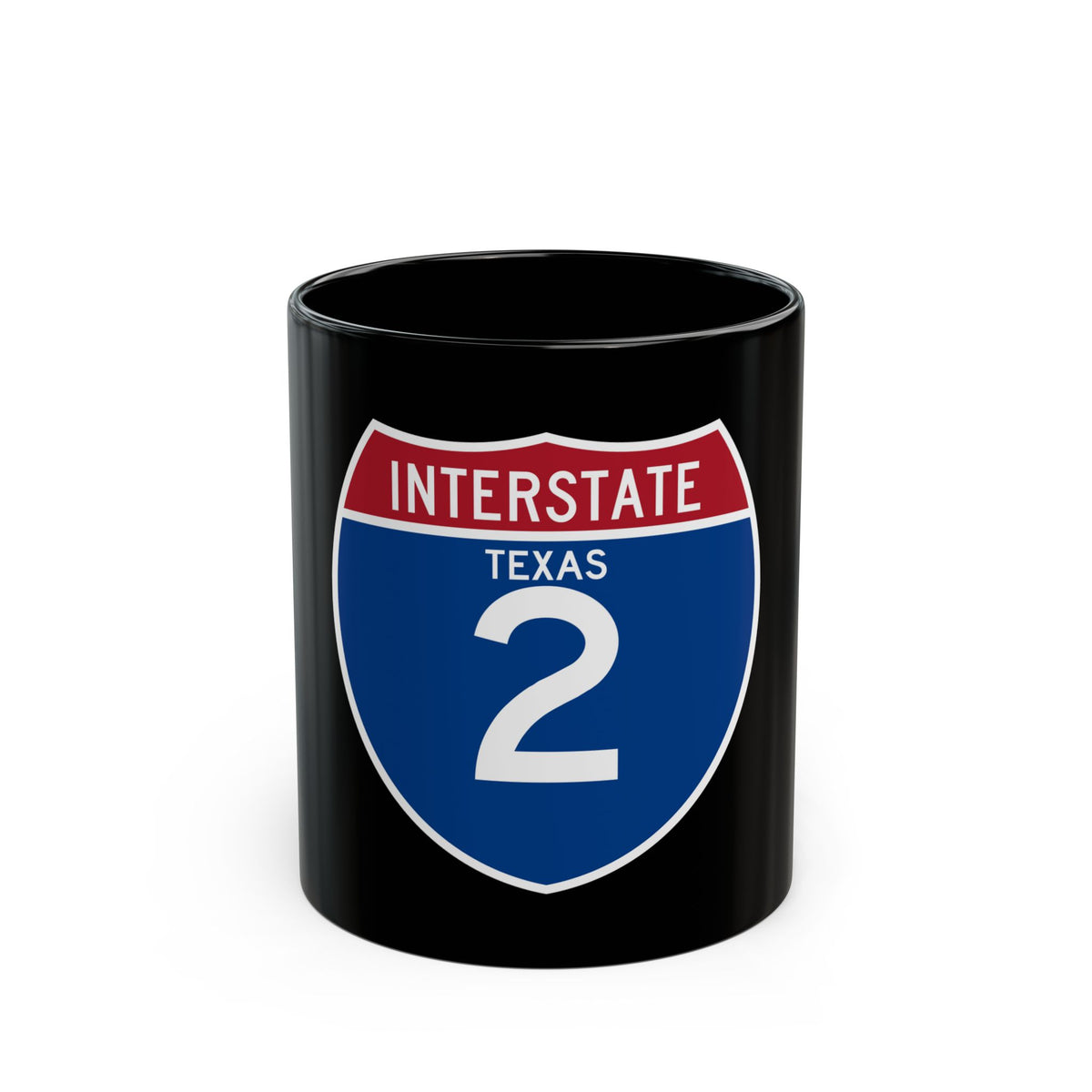 Blue and red Interstate highway shield reading INTERSTATE over TEXAS and the route number 2 in white.