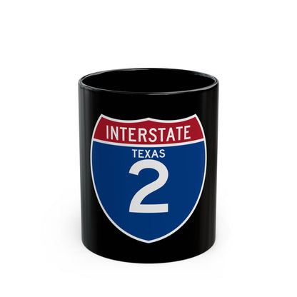 Blue and red Interstate highway shield reading INTERSTATE over TEXAS and the route number 2 in white.