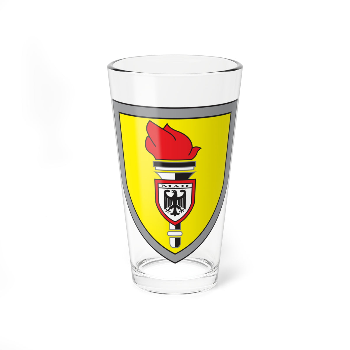 Red torch above a yellow shield with a black eagle crest at its centre, framed by a grey border and marked MAD.