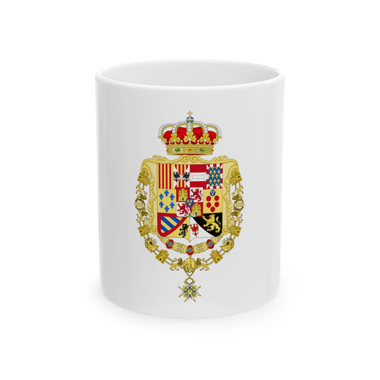 Ornate heraldic coat of arms under a crown, with gold towers, lions on chains and a hanging cross-shaped order pendant.