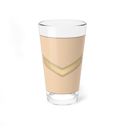 A gold chevron with vertical stripes and a thin black outline, centred on a flat peach background.