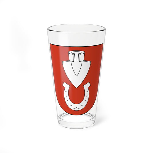 Red heraldic shield with a white stylised tool above a white horseshoe with black nail holes.