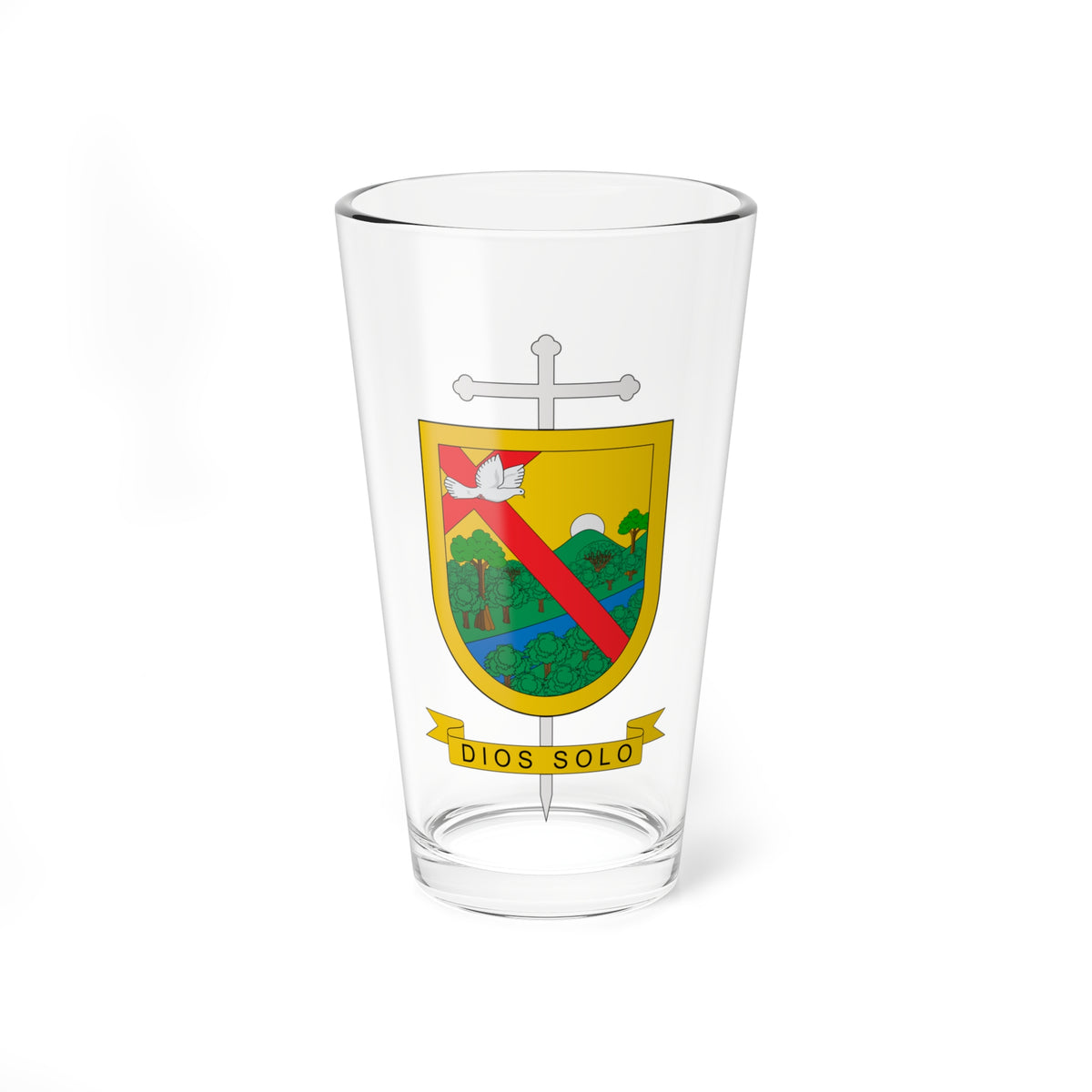 Heraldic shield with gold border, a white dove over a red diagonal band, green trees, a blue river and gold banner below.