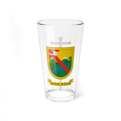 Heraldic shield with gold border, a white dove over a red diagonal band, green trees, a blue river and gold banner below.