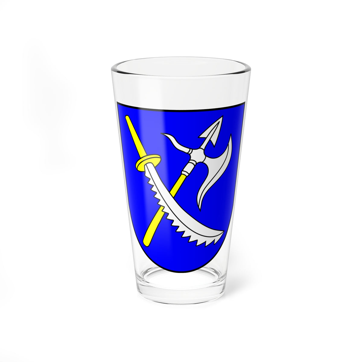 Blue heraldic shield with a yellow-hilted serrated sword and a white battle axe crossed diagonally across it.