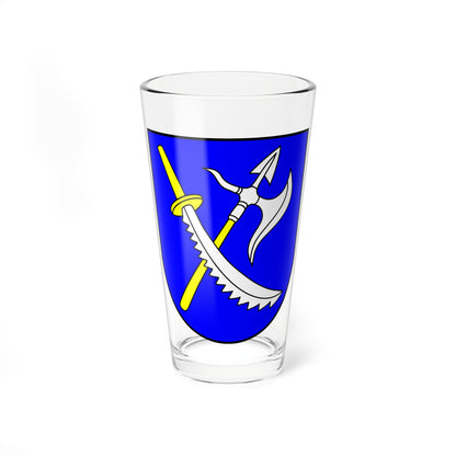 Blue heraldic shield with a yellow-hilted serrated sword and a white battle axe crossed diagonally across it.