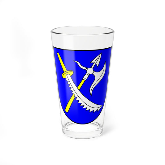 Blue heraldic shield with a yellow-hilted serrated sword and a white battle axe crossed diagonally across it.