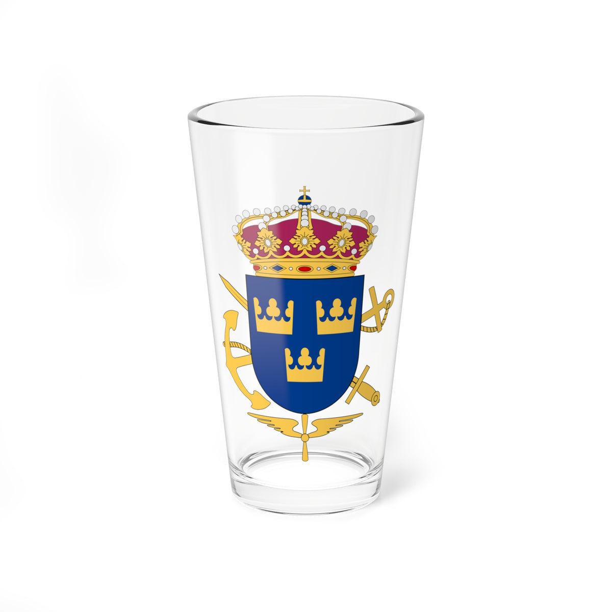 Naval heraldic emblem with three gold crowns on a blue shield, anchor, crossed swords and winged propeller around it.