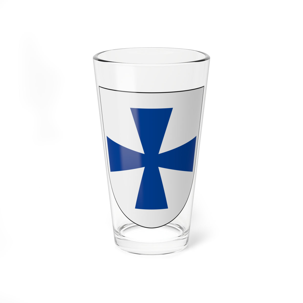 Solid blue flared cross centred on a light grey heraldic shield with a thin black outline, flat vector style.