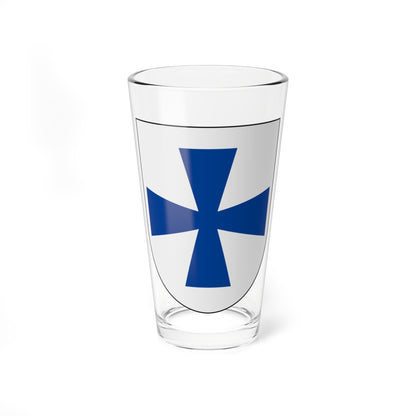 Solid blue flared cross centred on a light grey heraldic shield with a thin black outline, flat vector style.