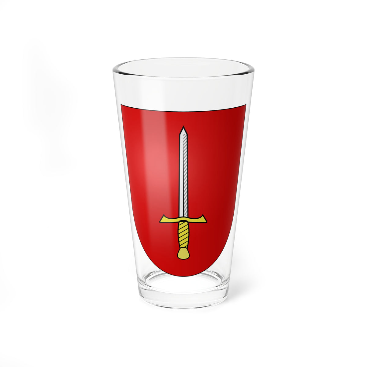 Red heraldic shield with an upright silver sword, gold cross-guard and diagonally wrapped gold hilt.