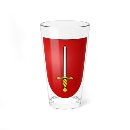 Red heraldic shield with an upright silver sword, gold cross-guard and diagonally wrapped gold hilt.
