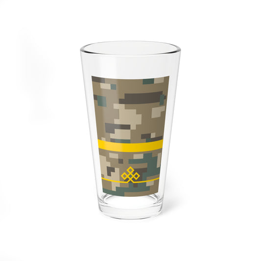 Three gold outlined diamonds linked in a row over a blocky khaki, sage and beige camouflage pattern.