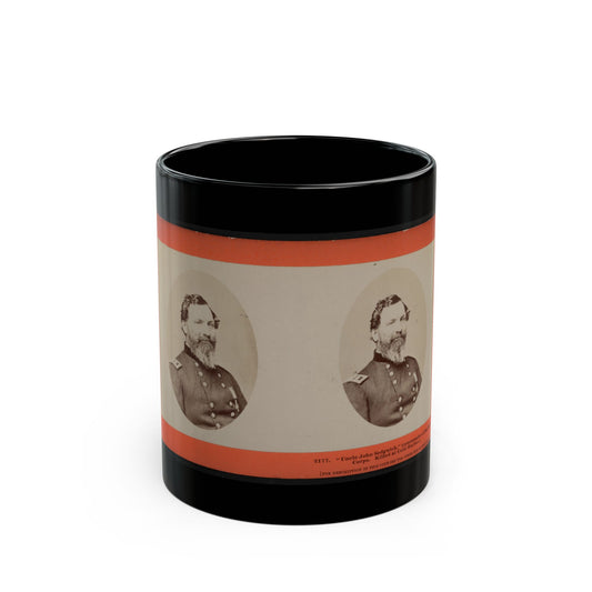 Stereoview card with two oval sepia portraits of a bearded Union officer in a buttoned uniform on an orange border.