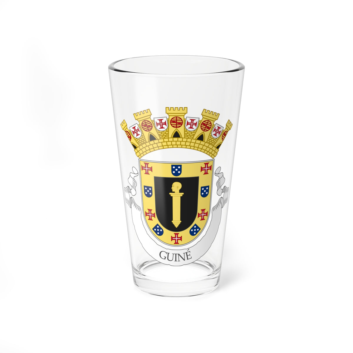 Heraldic coat of arms with a gold tower crown, a black pale bearing a gold figure, red crosses and a Guiné scroll.