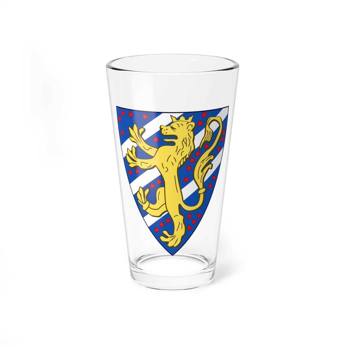 Gold crowned lion rampant on a shield of diagonal blue and white bands scattered with red hearts.