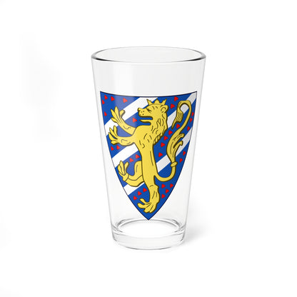 Gold crowned lion rampant on a shield of diagonal blue and white bands scattered with red hearts.