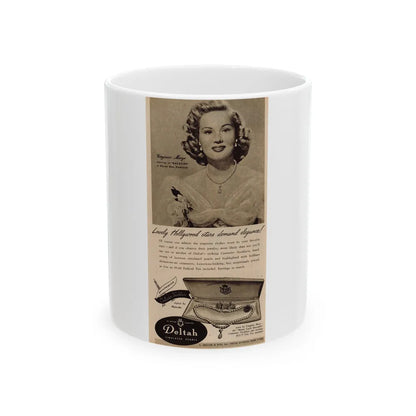 Virginia Mayo #228 - B&W Jewlrey Add with, Head & Shoulder Glamour Shot Circa between 1949-1950 (Vintage Female Icon) White Coffee Mug-11oz-Go Mug Yourself