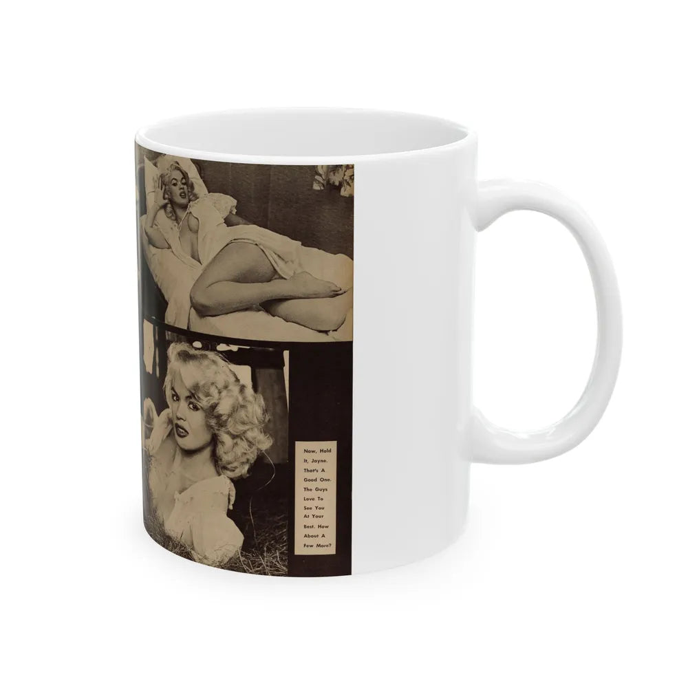 Jayne Mansfield #179 - 2 Pages, 3 B&W Photos & Caption from Glance Mag. August '59 (Vintage Female Icon) White Coffee Mug-Go Mug Yourself