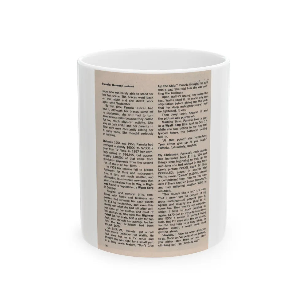 Pamela Duncan #38 - 5x7 Artricle continued no photo (Vintage Female Icon) White Coffee Mug-11oz-Go Mug Yourself