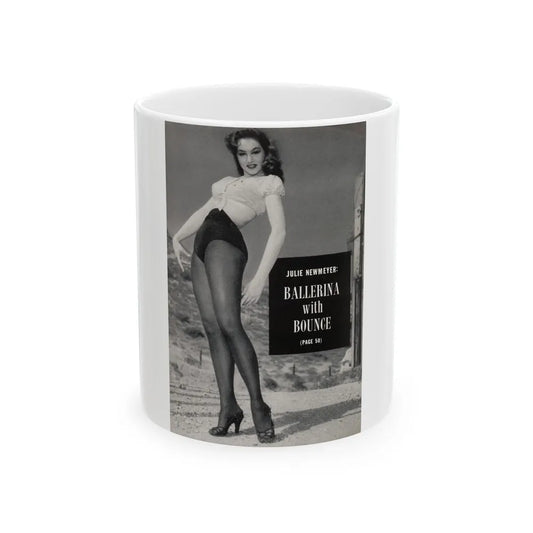 Julie Newmar #495 - Reverse side of back cover with, Intro to Julie and 1 B&W Photo & Caption from EYE Digest Mag. December '54 (Vintage Female Icon) White Coffee Mug-11oz-Go Mug Yourself