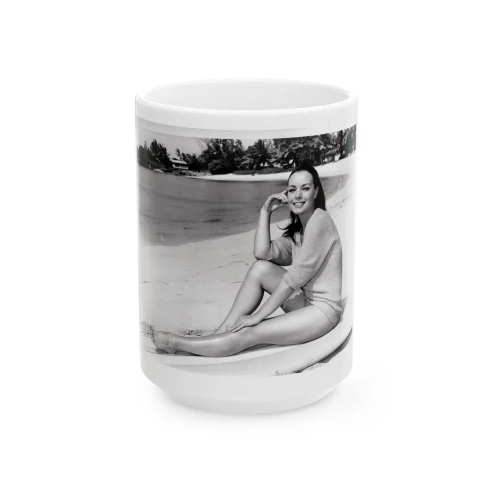 Susan Hart #17 - 8x10 B&W Cheesecake 2-Piece Swimsuit with Overshirt ''Ride The Wild Surf'' '64 Movie Promo Photo (Vintage Female Icon) White Coffee Mug-15oz-Go Mug Yourself