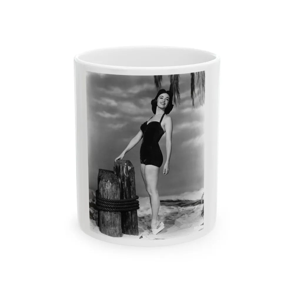 Barbara Rush #37 - 8x10 B&W Full Body 1-Piece Swimsuit Cheesecake Photo (Vintage Female Icon) White Coffee Mug-11oz-Go Mug Yourself