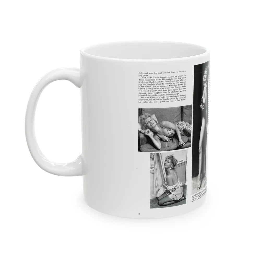 Greta Thyssen #127 - 2 Pages 5 B&W Photos from Modern Man Mag. April '57 (Vintage Female Icon) White Coffee Mug-Go Mug Yourself