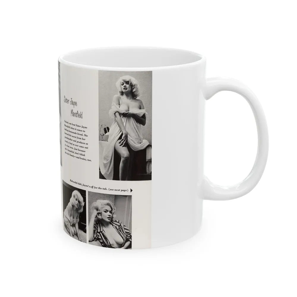 Jayne Mansfield #181 - 2 Pages, 5 B&W Photos & Captions from SCAMP Mag. May '57 (Vintage Female Icon) White Coffee Mug-Go Mug Yourself