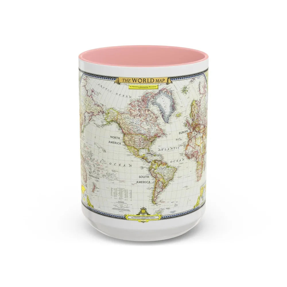 World Map (1951) (Map) Accent Coffee Mug-15oz-Pink-Go Mug Yourself