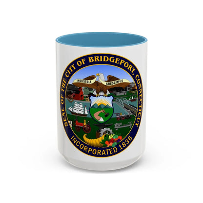 Seal of Bridgeport Connecticut - Accent Coffee Mug-15oz-Light Blue-Go Mug Yourself