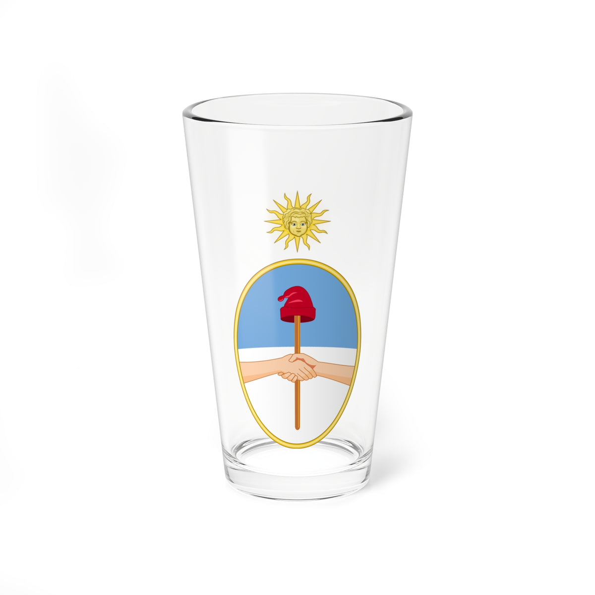 Gold oval frame with a red cap on a pike held by clasped hands on blue and white, under a gold sun with a face.