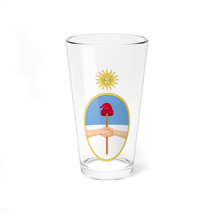 Gold oval frame with a red cap on a pike held by clasped hands on blue and white, under a gold sun with a face.