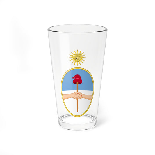 Gold oval frame with a red cap on a pike held by clasped hands on blue and white, under a gold sun with a face.