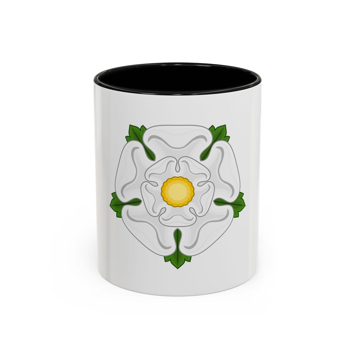 A white five-petalled heraldic rose with a yellow centre, edged with green sepals and leaves.